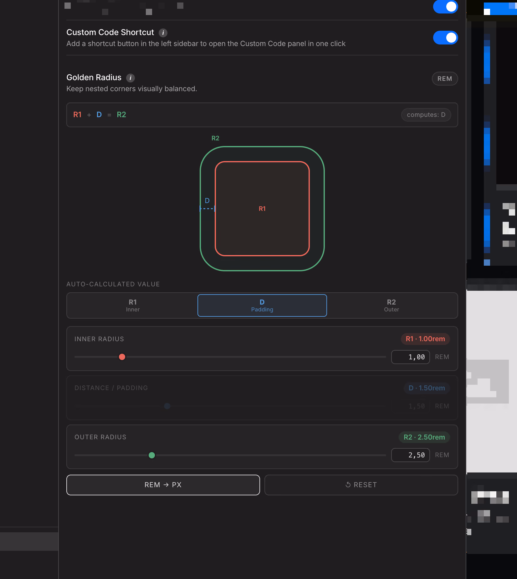 Interface showing a Golden Radius calculator with nested squares labeled R1, D, and R2, sliders for inner radius, padding distance, and outer radius, and buttons for REM to PX conversion and reset.